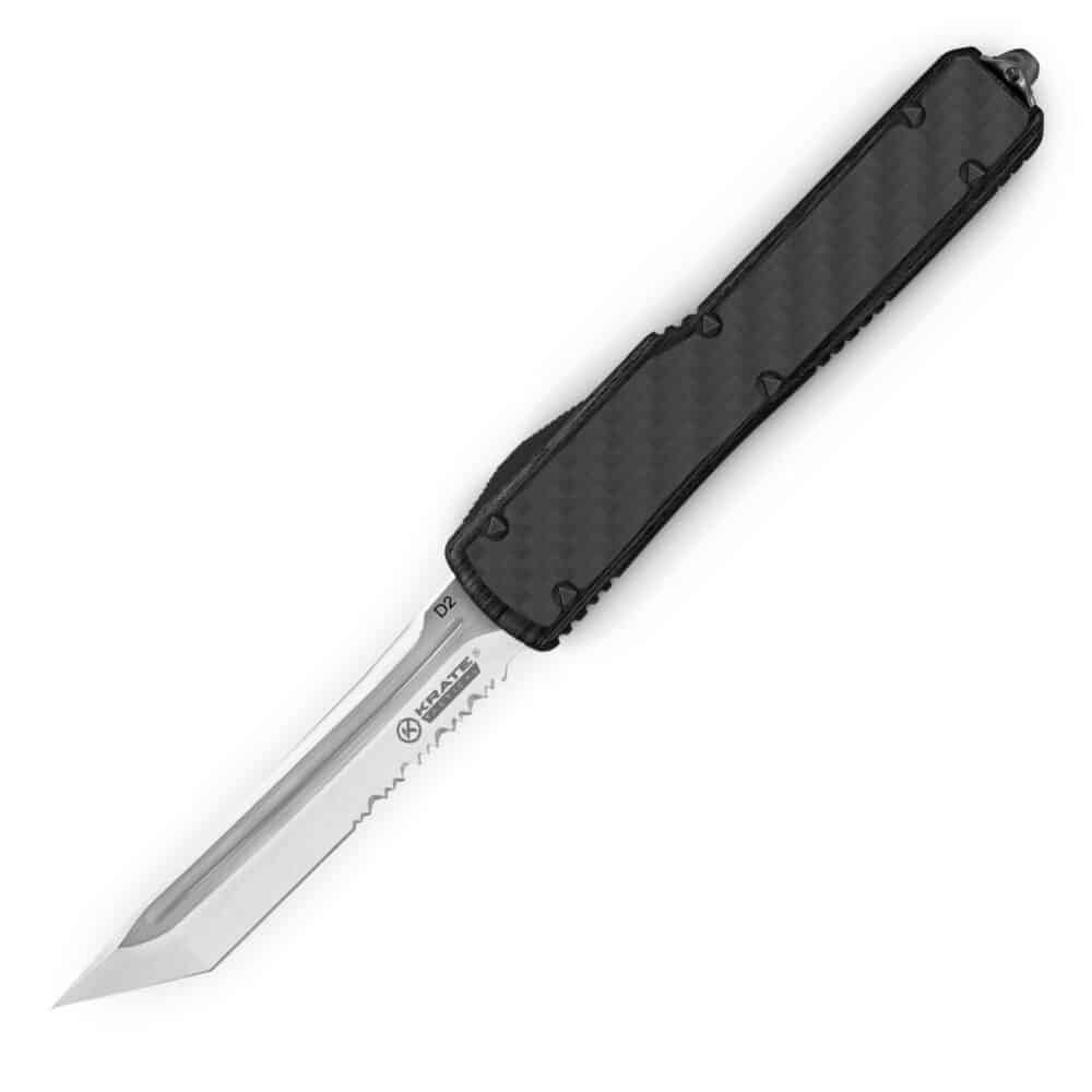 Krate Tactical, "Karma" OTF Knife, Tanto Blade, 1/3 Serrated, Black (KRT-OTF-CF-BAR-BLK-X)