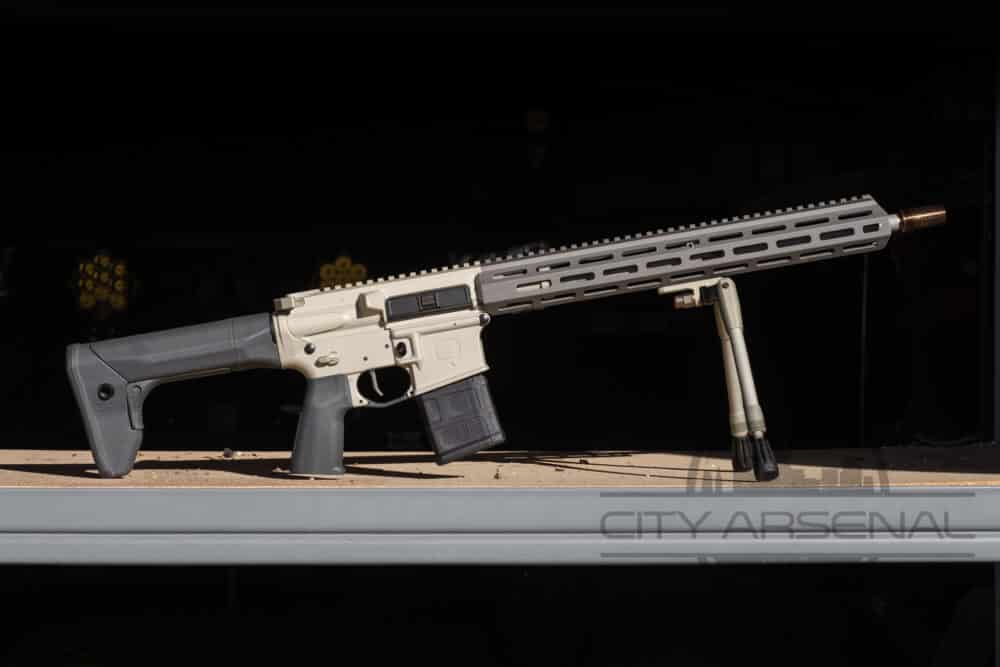 Q Sugar Weasel Recce, 5.56mm Semi-Auto Rifle with Kickstand & Reptilia Stock, FDE/Gray (SW-556-16IN-RIFLE-RECCE)