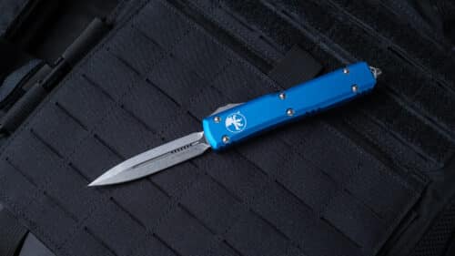 Microtech Ultratech OTF Auto Knife, D/E Stonewashed Blade, Blue Handle (122-10BL)