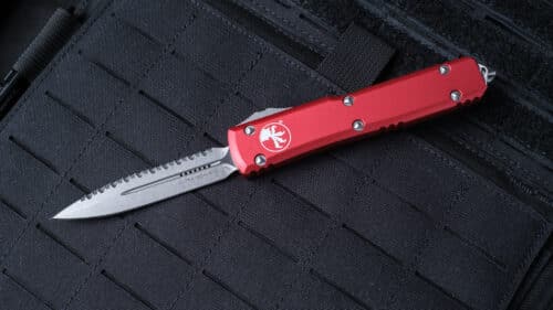 Microtech Ultratech OTF Auto Knife, D/E Stonewash Full Serrated, Red (122-12RD)