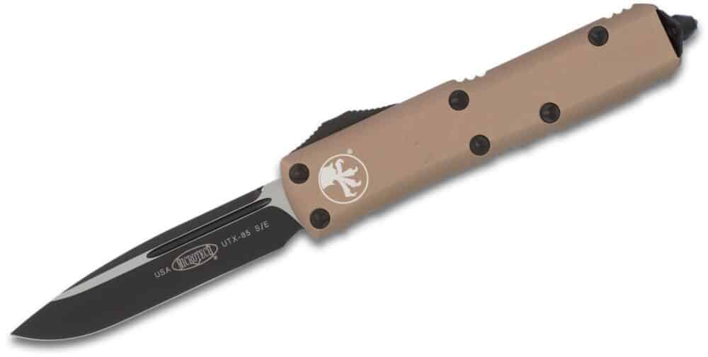 Microtech, UTX-85, 3" Plain Blade, Drop Point, Auto Out-the-Front, Tan (231-1TA)