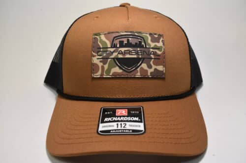 City Arsenal, Tan Original Richardson 112 Trucker Hat, Leather Duck Camo Brown Patch (CA-TAN-DUCK)