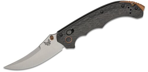 Benchmade, Mini Bedlam, AXIS Folding Knife, 3.45", S90V Satin Scimitar Blade, Marbled Carbon Fiber Handles (865-02)