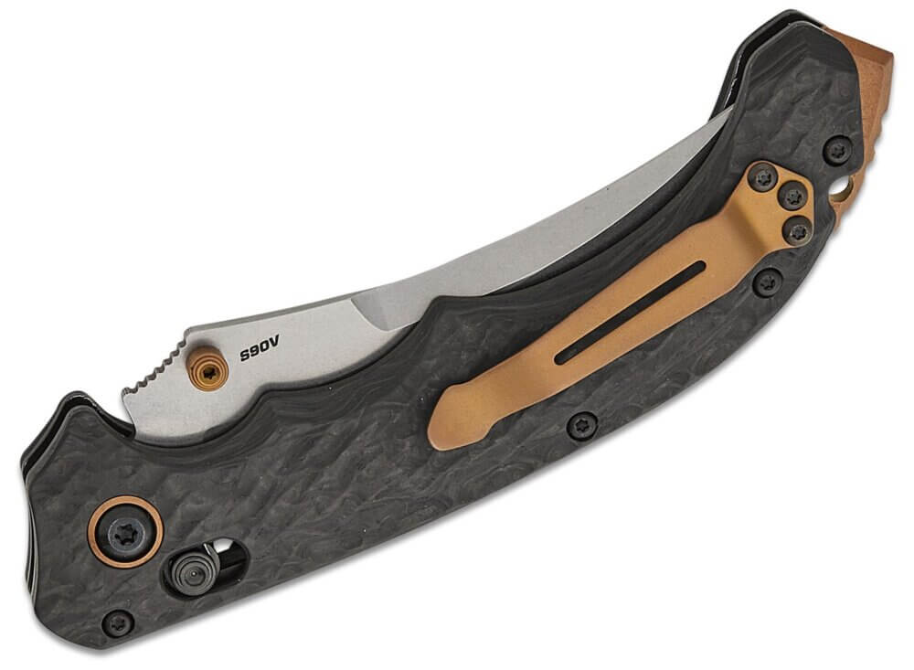 Benchmade, Mini Bedlam, AXIS Folding Knife, 3.45", S90V Satin Scimitar Blade, Marbled Carbon Fiber Handles (865-02) - Image 4