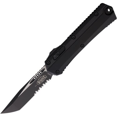 Microtech Glykon Tanto Partial Serration Tactical Black OTF Knife (185-2T)
