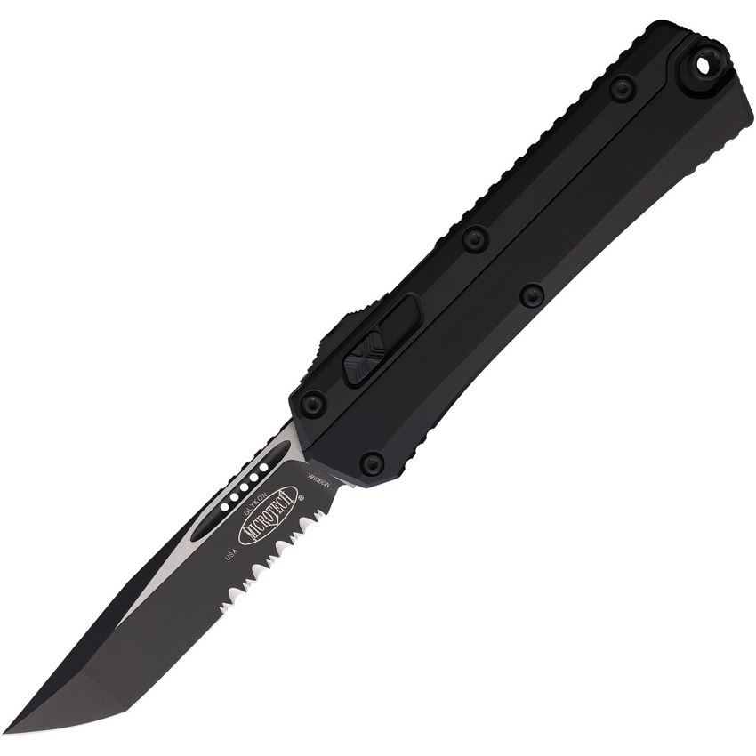 Microtech Glykon Tanto Partial Serration Tactical Black OTF Knife (185-2T)