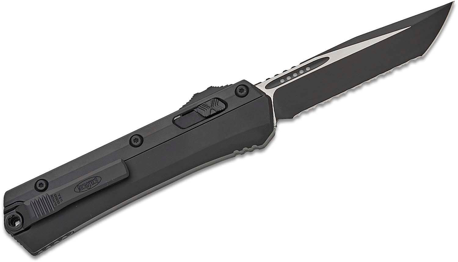 Microtech Knives, Glykon Full Serration Tanto Blade, 9.00", Auto OTF, Black (185-3T)