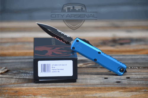 Microtech UTX-85 Gen III, Serrated, w/ Blue Handle (1232-2BL)