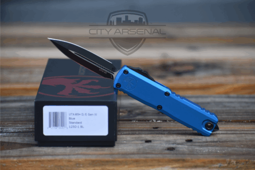 Microtech UTX-85 Gen III, Plain Blade w/ Blue Handle & Black D/E (1231-1BL)