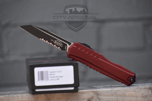 Microtech Cypher OTF Automatic Knife, Partially Serrated Merlot Handle, Black D/E Blade (1241-2MR)
