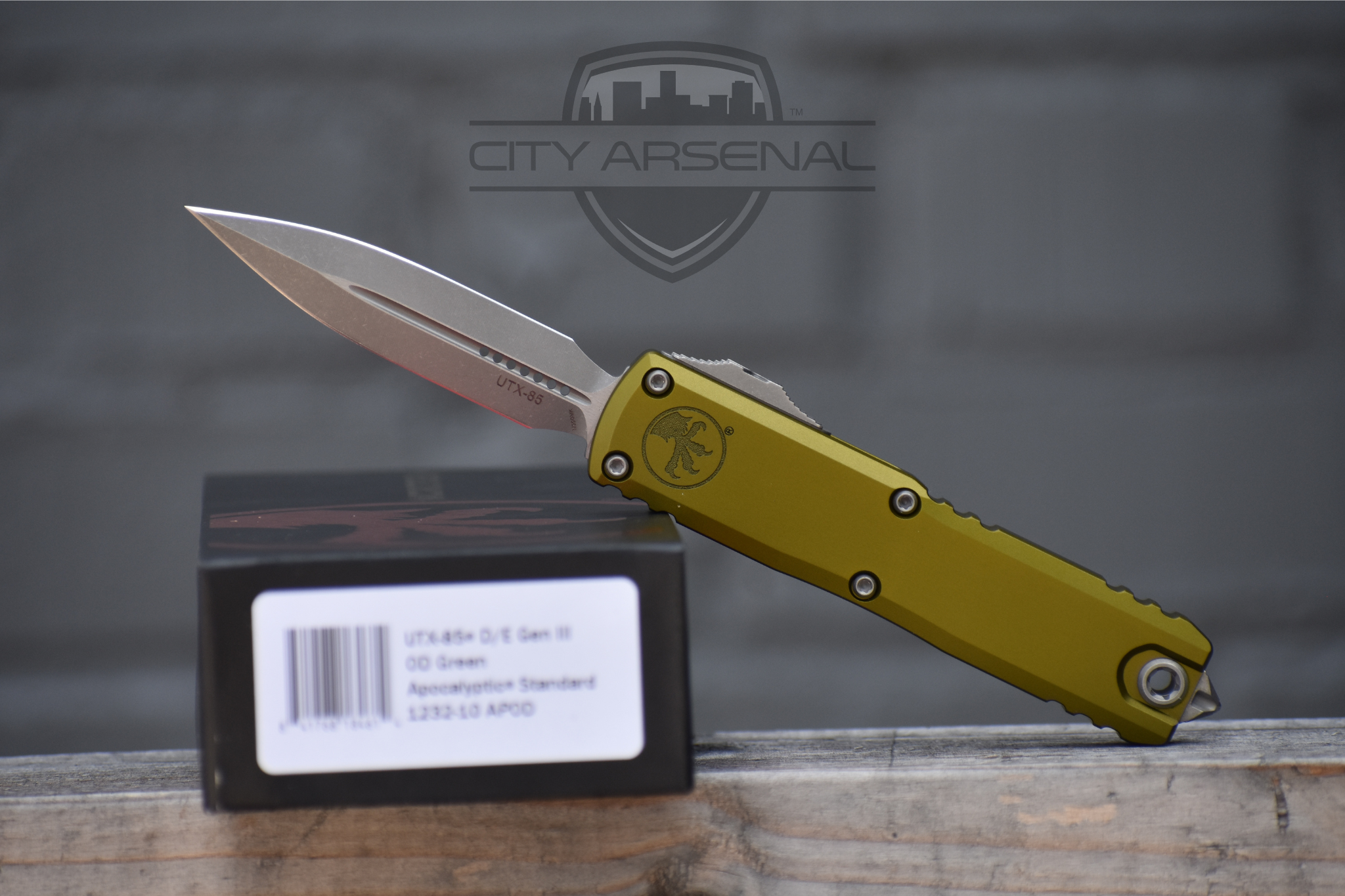 Microtech UTX-85 Gen III OTF Automatic Knife, Apocalyptic Part Serrated, OD Green Handle, D/E Blade (1232-10APOD)