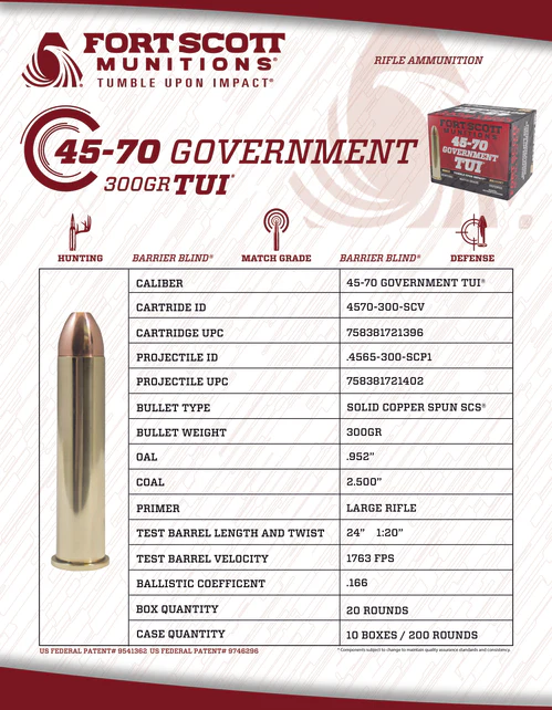 FSM, 45-70 Government SCS® TUI®, 300Gr Solid Copper Ammo (4570-300-SCV1) - Image 3