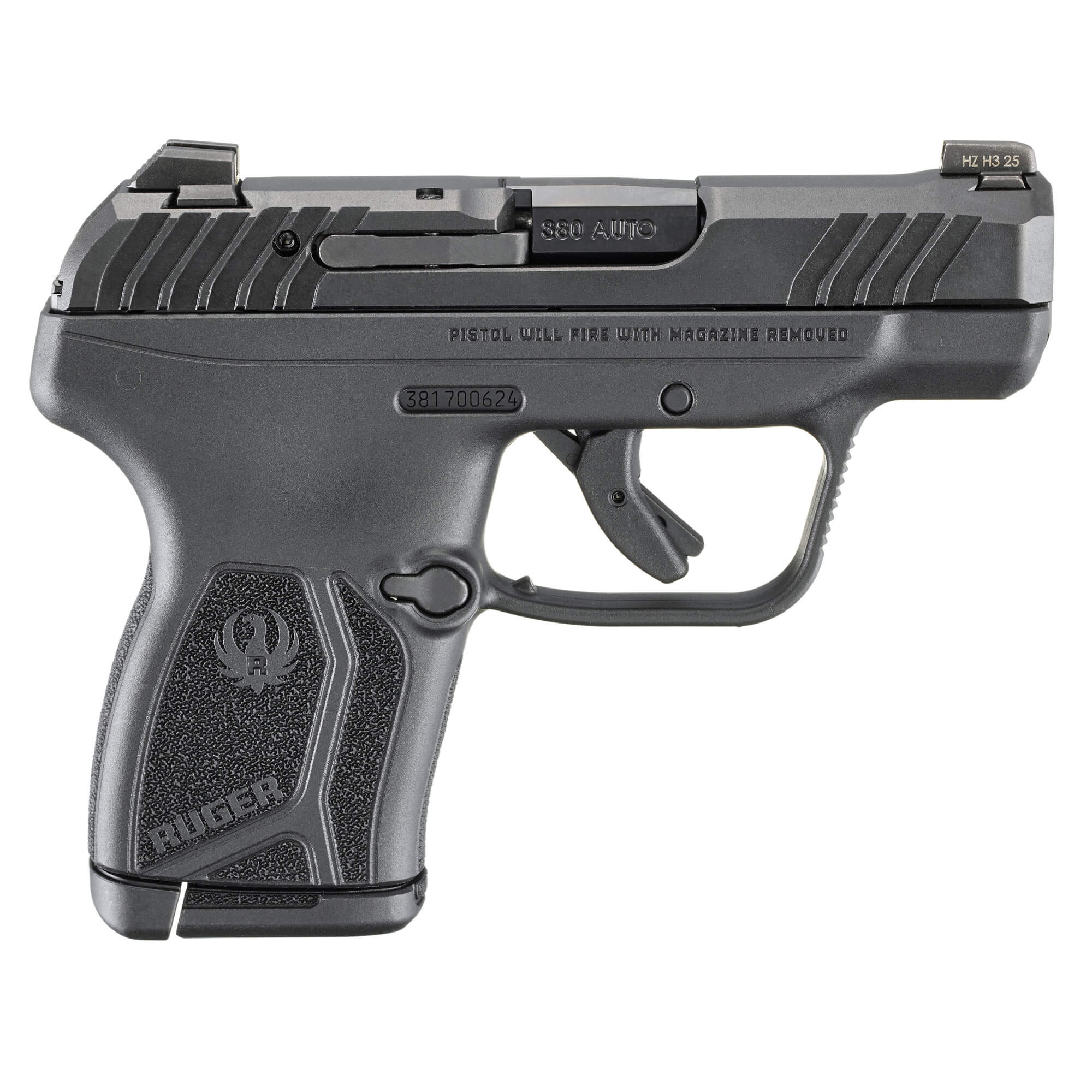 The Ruger LCP MAX fits 10+1 rounds into the same footprint as the LCP II. It is smaller than every micro-9 pistol available, expanding the options for comfortable and convenient concealed carry. The LCP MAX pistol's double-stack magazine feed lips are optimized to reliably feed the wide variety of modern .380 Auto ammunition available. The LCP MAX is fitted with a tritium front sight with a white outline. Rear drift-adjustable sights make accurate fire easier than ever. The medium-textured grip frame provides easy reach to the Secure Action trigger.