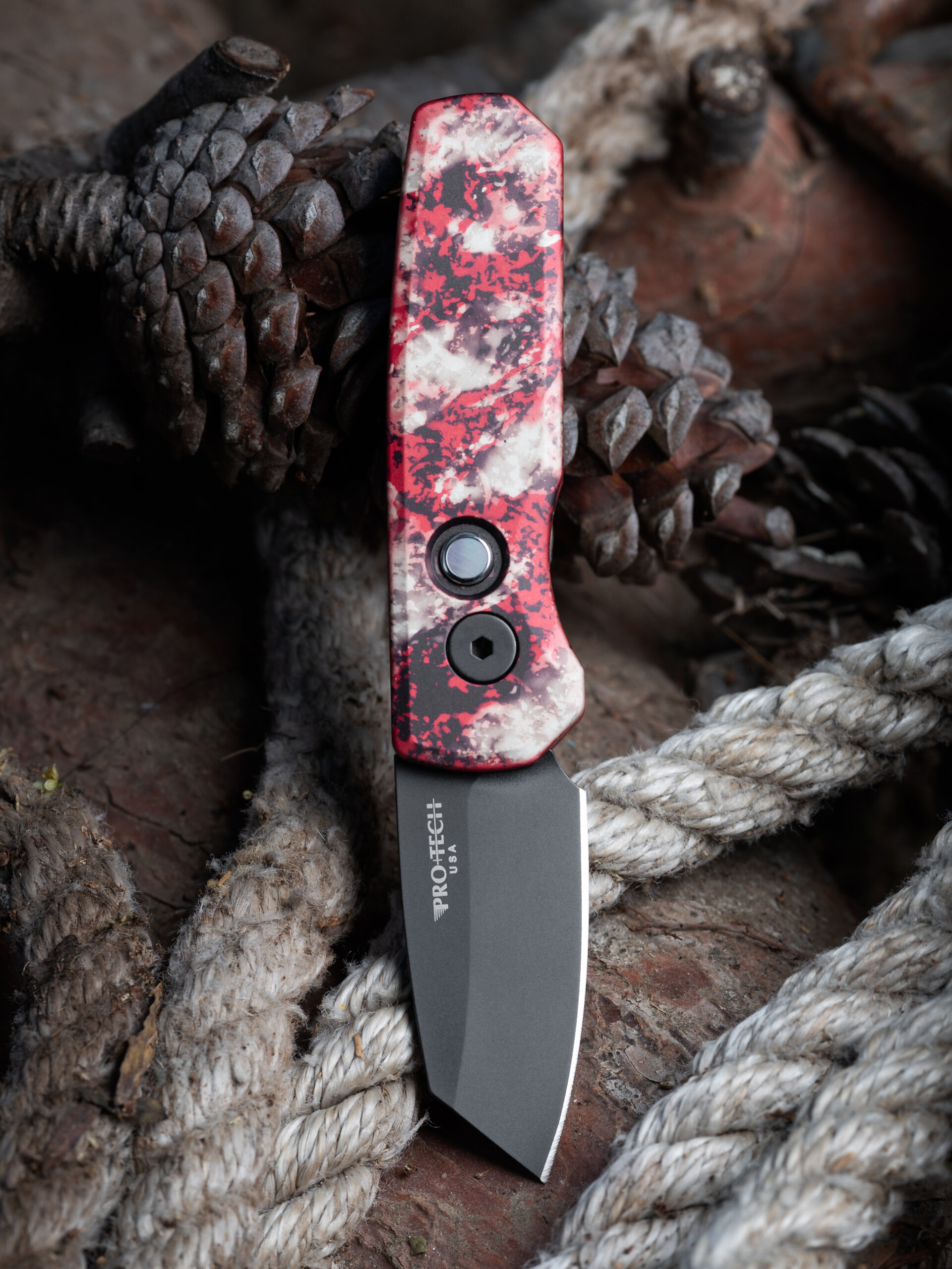 Pro-Tech Knives, Runt 5, Reverse Tanto, Automatic Knife, Crimson Tiger Camo Al (R5403-CTC) - Image 2