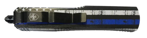 Templar Knife MBTB331 Gen II Back The Blue Slim 3.43" OTF Drop Point Plain Black Oxide Stonewashed 440C SS Blade, 5.05" Black & White w/Blue Line Aluminum Handle, Glass Breaker