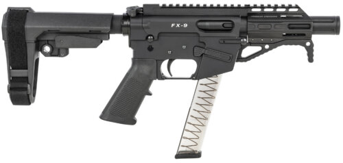 Freedom Ordnance FX9P4S FX-9 9mm Luger 31+1 4" Black Nitride Barrel w/Faux Suppressor, Black Hard Coat Anodized Aluminum Receiver, SB Tactical SBA3 Pistol Brace Stock, Black Polymer Grip