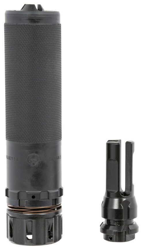 Dead Air SIERRA5KM Sierra-5  5.56mm 1.50"D 1/2"-28 tpi Thread Pattern Made of Stellite Baffles & Stainless Steel Tube with Black Cerakote Finish Includes KeyMo Flash Hider & Mount