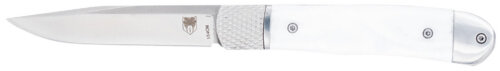 CobraTec Knives CTTHRWTABA154CM Trapper  Small 3.13" Folding Plain 154CM SS Blade, 4.25" White Abalone Scales Handle