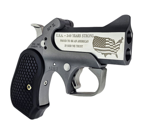Bond Arms BA30THXL-45LC/410 30th Anniversary Rough Series 45 Colt/410 Gauge 2 Shot 3" Engraved Matte Double Barrel Rough Matte Stainless Steel Frame Black Extended B6 Resin Grips Right Hand