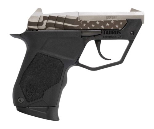 Taurus 1-22TUC139-USFLAG 22TUC  Micro-Compact Frame 22 LR 9+1 2.50" Stainless Tip-Up Barrel, Custom Engraved Serrated Slide, Black Polymer Frame