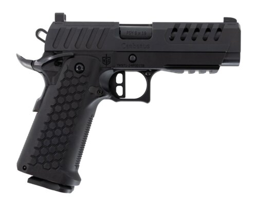 MAC 12500033 Cerberus  9mm Luger 17+1 4.40" Bull w/Target Crown Barrel, QPQ Tenifer Cerakote Optic Cut/Ported/Serrated Slide, Aluminum Grip, RMR Footprint