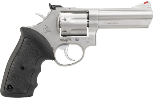 Taurus 2-660049 66  Medium 357 Mag/38 Special +P 7 Shot 4" Matte Stainless Steel Barrel, Cylinder & Frame, Black Finger Grooved Rubber Grip, Transfer Bar Safety, Exposed Hammer