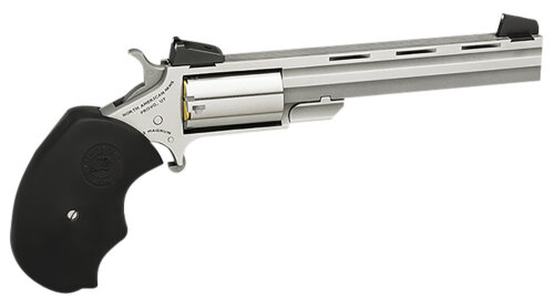 North American Arms MMTL Mini-Master *CA Compliant 22 LR 5 Shot 4" Stainless Steel Vent Rib Barrel, Stainless Steel Frame, Stainless Cylinder, Black Finger Grooved Rubber Grip, Exposed Hammer