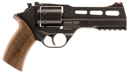 Chiappa Firearms CF340246 Rhino 50SAR  Medium Frame 357 Mag 6rd 5" Black Anodized Steel Vent Rib Barrel, Black Cylinder, Black Anodized Aluminum Frame w/Picatinny Rail, Walnut Grip, Exposed Hammer