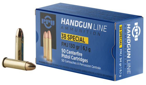 PPU PPH38SF Handgun 38Special 130gr Full Metal Jacket 50 Per Box/10 Case