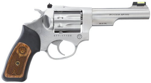 Ruger 5765 SP101  22 LR 8rd 4.20" Satin Stainless Steel Barrel, Cylinder & Frame, Black Rubber w/Wood Insert Grip, Transfer Bar Safety, Exposed Hammer