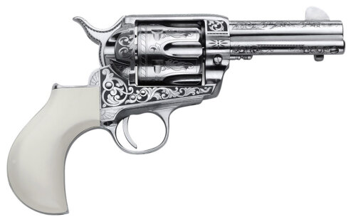 Cimarron PP346HUCKENG Huckleberry  45 Colt (LC) 6 Shot, 3.50" Nickel Engraved Barrel, Cylinder & Frame, Poly-Ivory w/"Huckleberry" Engraved On The Backstrap Grip